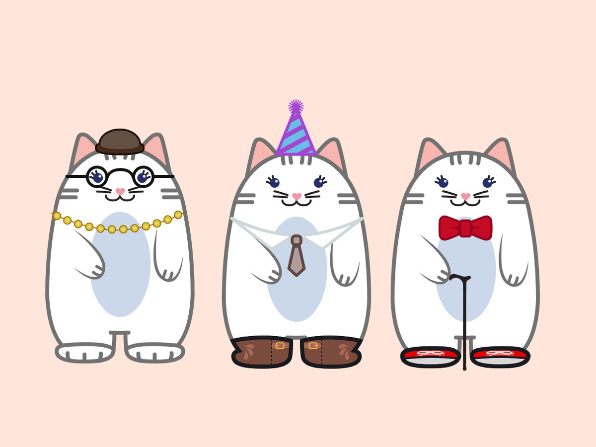 Three white cats dressed up: one with a bowler hat, glasses and pearls; one with a party hat, collar and boots; one with a bow tie, cane and sneakers